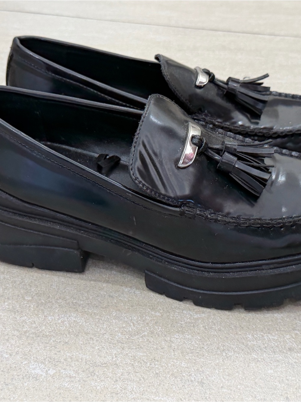 Zara Black Patent Tassel Lug Sole Loafers - Picture 2 of 6